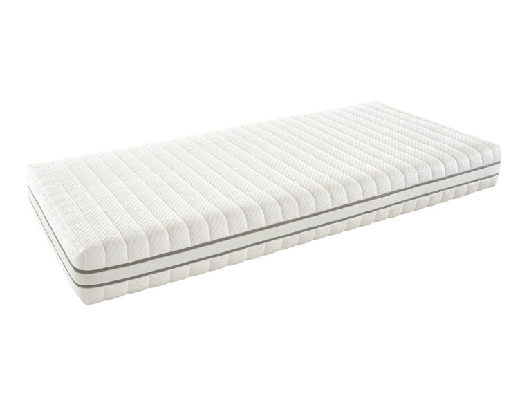 Eine einzelne, weiße Matratze mit einer gesteppten, strukturierten Oberfläche und einem grauen Streifen, der horizontal um die Seite verläuft, auf weißem Hintergrund.