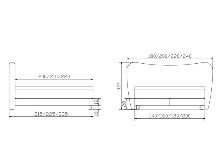 Technische Zeichnung eines Bettes mit Vorder- und Seitenansicht, mit den Maßen: Länge 215/225/235 cm, Breite 180/200/220/240 cm und Höhe 121 cm. Die zusätzlichen Maße geben die Matratzen- und Rahmengrößen an.
