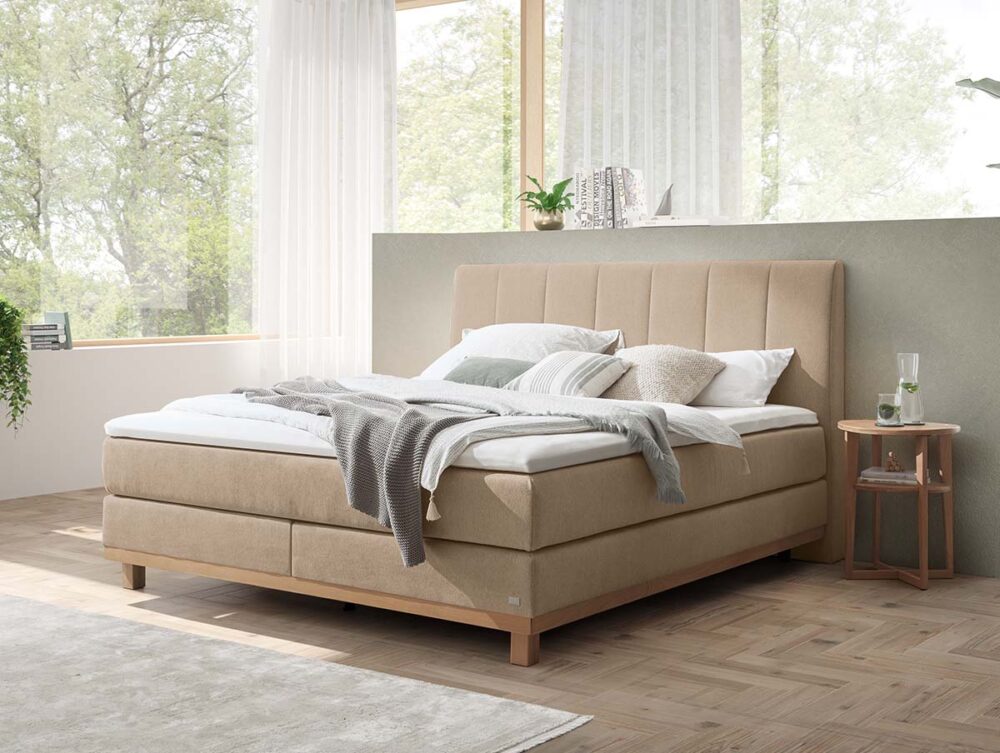 Ein ordentlich gemachtes beigefarbenes Polsterbett mit mehreren Kissen und einer kuscheligen Bettdecke steht neben großen Fenstern mit durchsichtigen Vorhängen. Ein kleiner runder Beistelltisch mit einer Pflanze und einer Tasse steht neben dem Bett. Das Sonnenlicht erhellt den Raum.