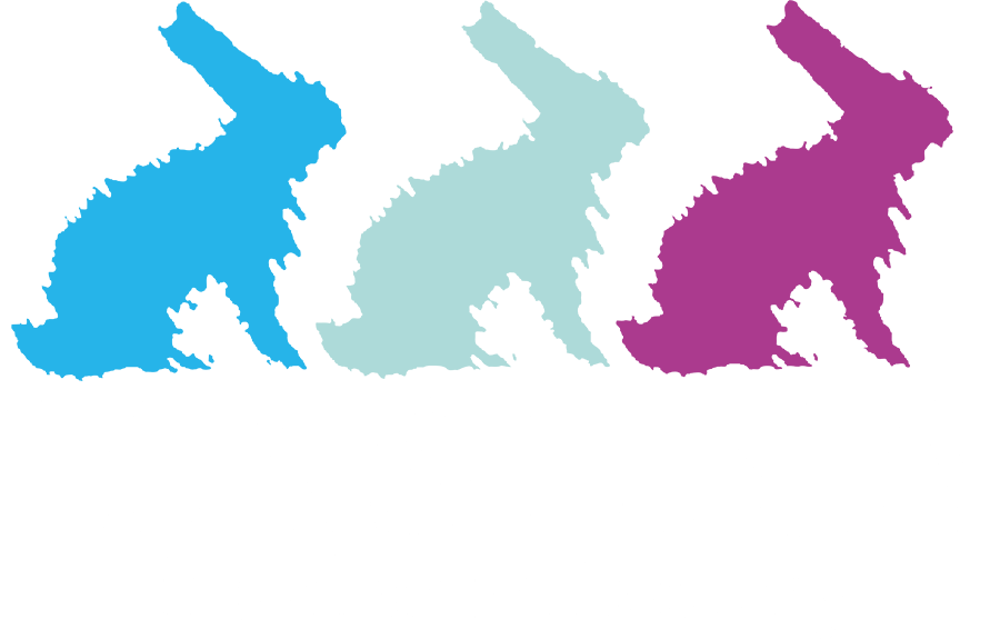 Drei stilisierte Kaninchensilhouetten in blau, teal und lila sind über dem Text "HASENA the dream factory" auf hellem Grund angeordnet, inspiriert vom Komfort der Hasena Boxspring Matratze "Mila Spring Tex".