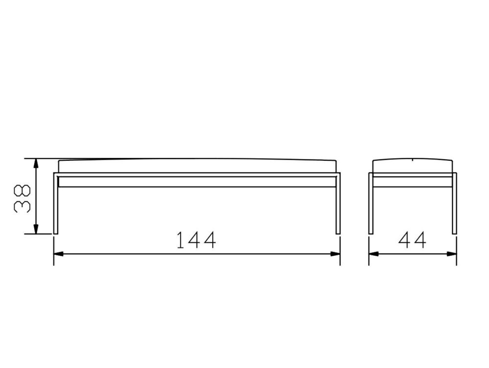 Eine technische Zeichnung einer Sitzbank mit Vorder- und Seitenansicht und den folgenden Abmessungen: 144 cm lang, 44 cm breit und 38 cm hoch.