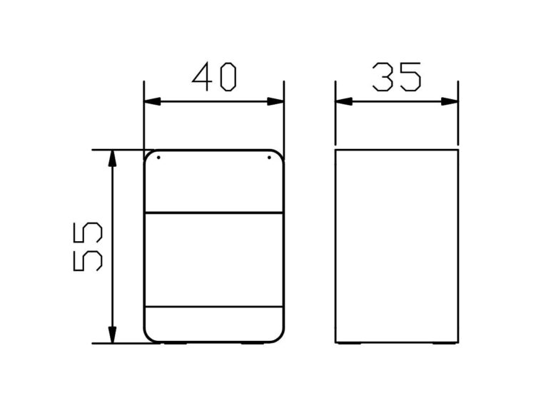 Technische Zeichnung eines rechteckigen Objekts, mit Vorder- und Seitenansicht. Abmessungen: 55 Einheiten hoch, 40 Einheiten breit (Vorderansicht) und 35 Einheiten tief (Seitenansicht). Abgerundete Ecken und zwei Löcher in der Nähe der Oberseite.