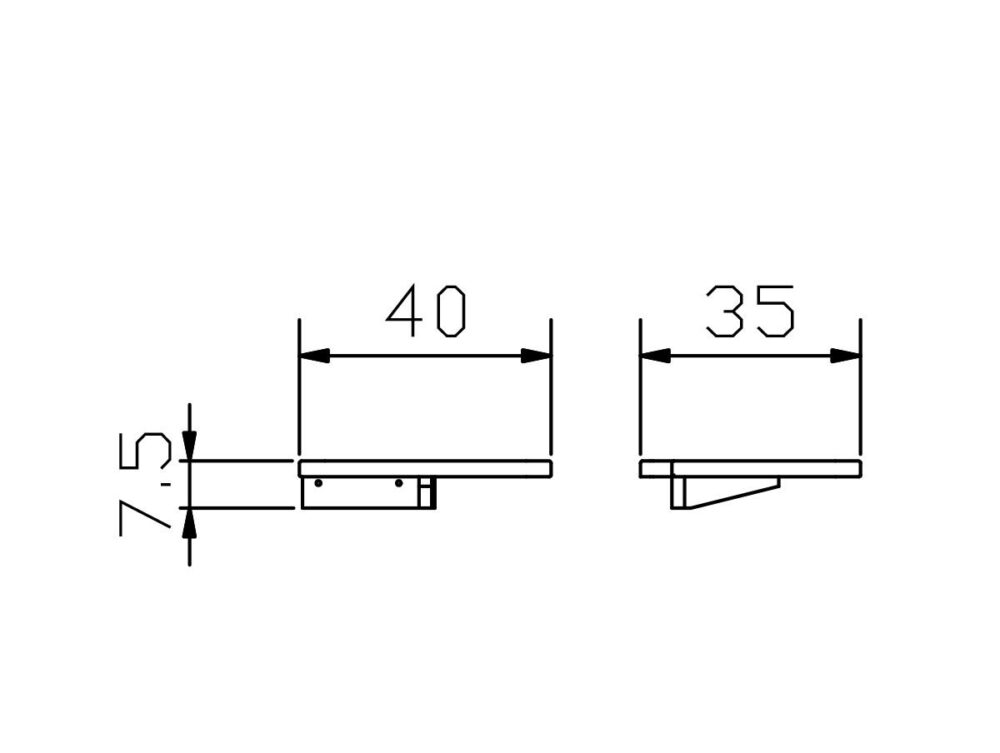 Technische Zeichnung mit zwei Seitenansichten eines rechteckigen Objekts mit den Abmessungen: 40 Einheiten Länge, 35 Einheiten Länge und 7,5 Einheiten Höhe. In einer Ansicht ist eine kleine Halterung oder Verlängerung darunter zu sehen.