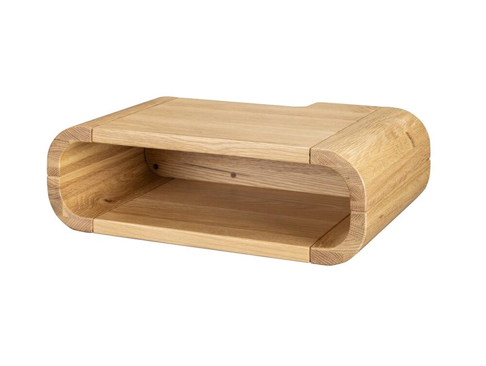 Ein rechteckiges Wandregal aus Holz von Bettenland mit abgerundeten Kanten und offener Front, mit glatter, natürlicher Holzoberfläche und minimalistischem Design.