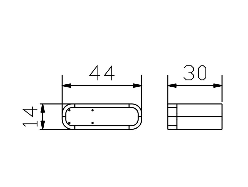 Technische Zeichnung eines abgerundeten rechteckigen Bauteils mit den Abmessungen: 44 mm lang, 14 mm breit und 30 mm hoch. Die Abbildung zeigt sowohl Vorder- als auch Seitenansichten, wobei kleine innere Merkmale sichtbar sind.