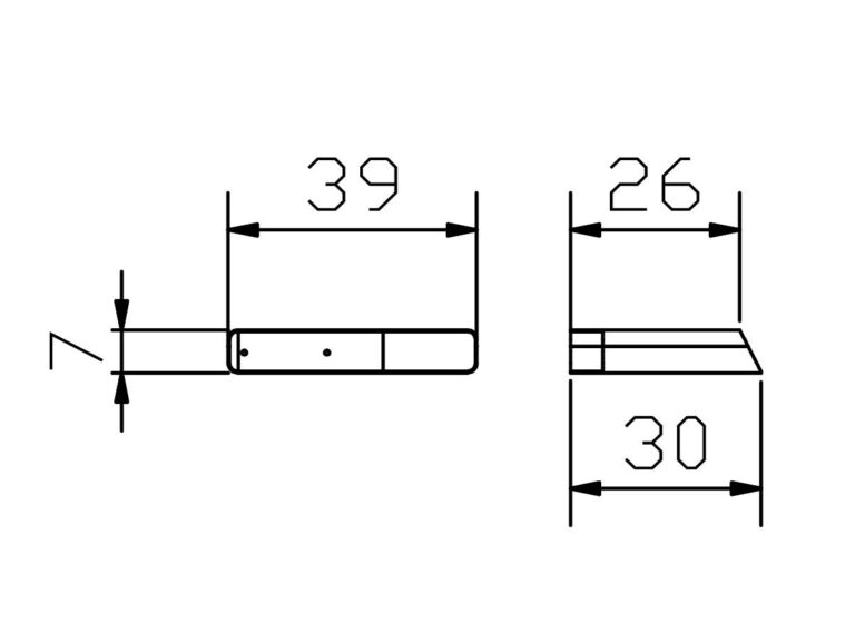 Technische Zeichnung eines rechteckigen Objekts mit abgeschrägtem Ende. Die Abmessungen sind 39 mm (Länge), 7 mm (Höhe), 26 mm (abgeschrägter Teil) und 30 mm (Bodenlänge). Linien und Pfeile geben die Maße an.