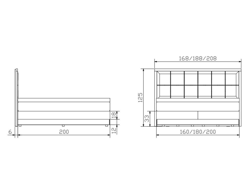 Technische Zeichnung eines Bettes mit Vorder- und Seitenansicht, mit folgenden Abmessungen in Zentimetern: Länge 200, Höhe 125, Breite wahlweise 160, 180 oder 200 und Kopfteilbreite wahlweise 168, 188 oder 208.
