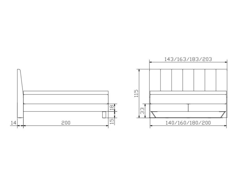 Technische Zeichnung eines Bettes in der Seiten- und Vorderansicht mit Angaben in Zentimetern für Höhe, Breite und Länge. Kopfteil, Lattenrost und Abmessungen sind deutlich beschriftet.