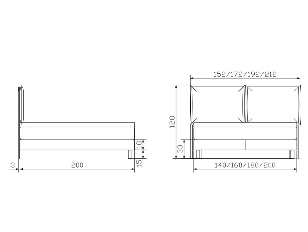 Technische Zeichnung eines Bettes mit Seiten- und Vorderansicht, mit folgenden Abmessungen: Länge 200 cm, Breitenoptionen 140/160/180/200 cm, Kopfteilbreite 152/172/192/212 cm, Kopfteilhöhe 128 cm und Sockelhöhe 33 cm.