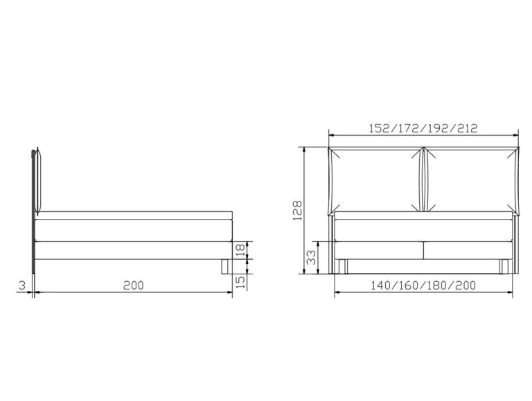 Technische Zeichnung eines Bettes mit Seiten- und Vorderansicht, mit folgenden Abmessungen: Länge 200 cm, Breitenoptionen 140/160/180/200 cm, Kopfteilbreite 152/172/192/212 cm, Kopfteilhöhe 128 cm und Sockelhöhe 33 cm.