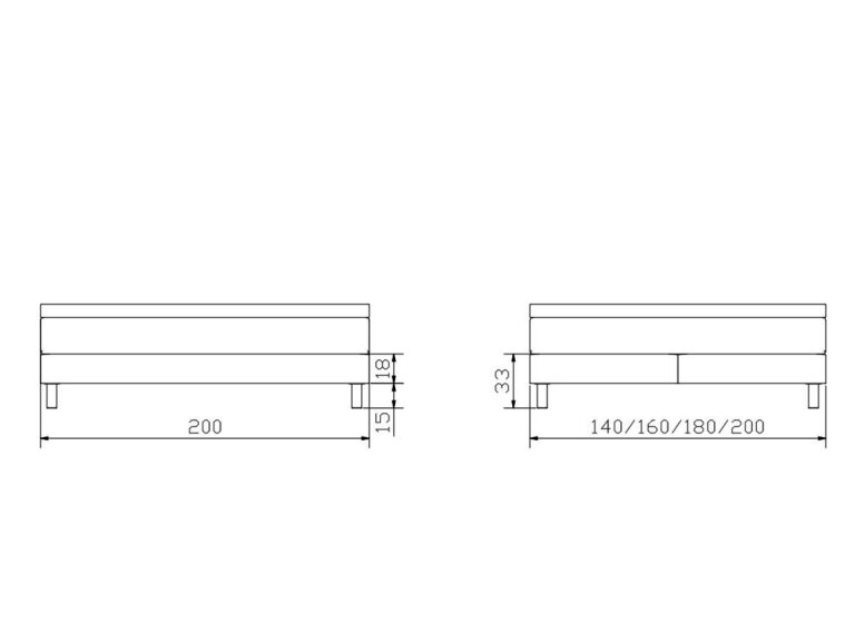 Technische Zeichnung eines rechteckigen Lattenrosts mit folgenden Maßen: 200 cm Länge, 15 cm Höhe, 18 cm Gesamthöhe mit Beinen und Breitenoptionen von 140, 160, 180 oder 200 cm; 33 cm Gesamthöhe mit Matratze.