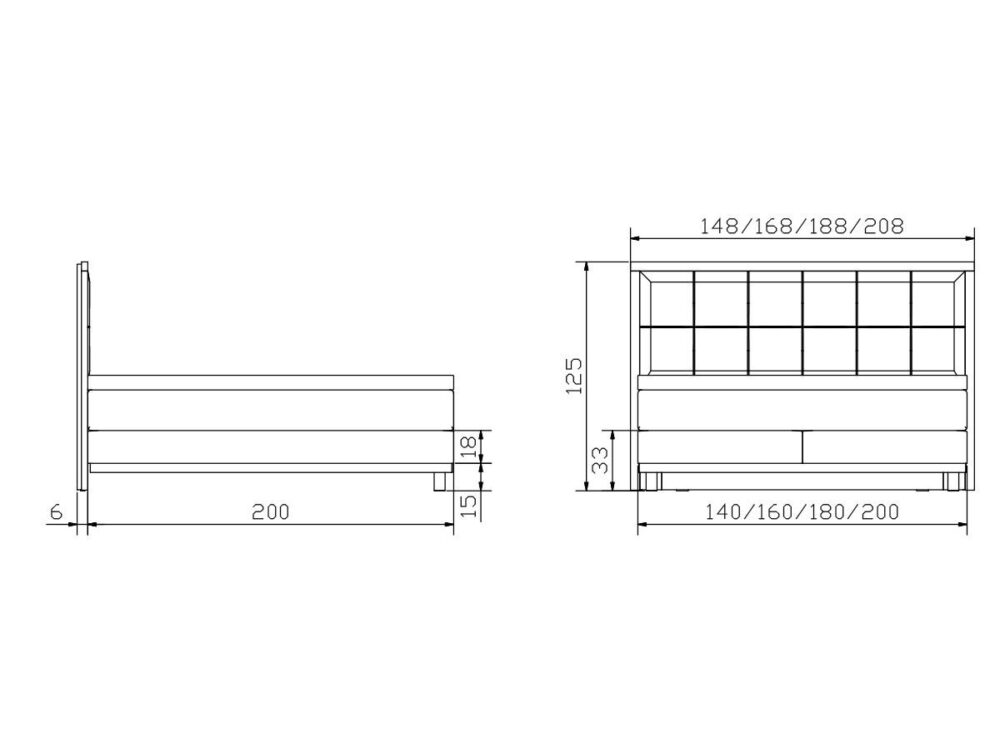 Technische Zeichnung eines Bettes mit Vorder- und Seitenansicht und Abmessungen. Die Breite des Bettes reicht von 148 bis 208 cm, die Länge beträgt 200 cm, die Kopfteilhöhe 125 cm und die Sockelhöhe 33 cm.