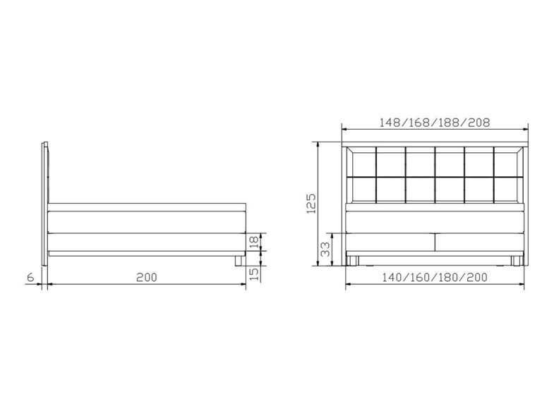 Technische Zeichnung eines Bettes mit Vorder- und Seitenansicht und Abmessungen. Die Breite des Bettes reicht von 148 bis 208 cm, die Länge beträgt 200 cm, die Kopfteilhöhe 125 cm und die Sockelhöhe 33 cm.