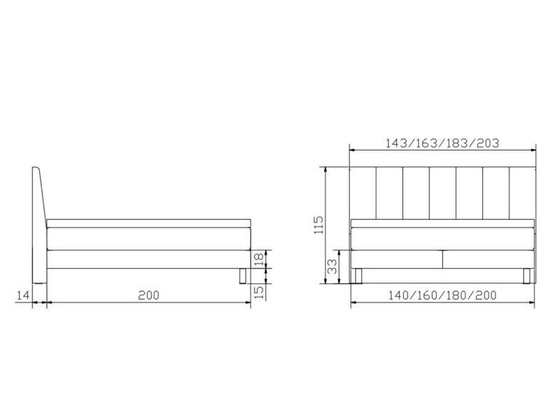 Strichzeichnung eines Bettes in Seiten- und Vorderansicht mit Abmessungen. Die Breite reicht von 140 bis 200 cm, die Höhe beträgt 115 cm und die Länge 200 cm. Die Dicke der Matratze und die Höhe des Bettgestells sind angegeben.