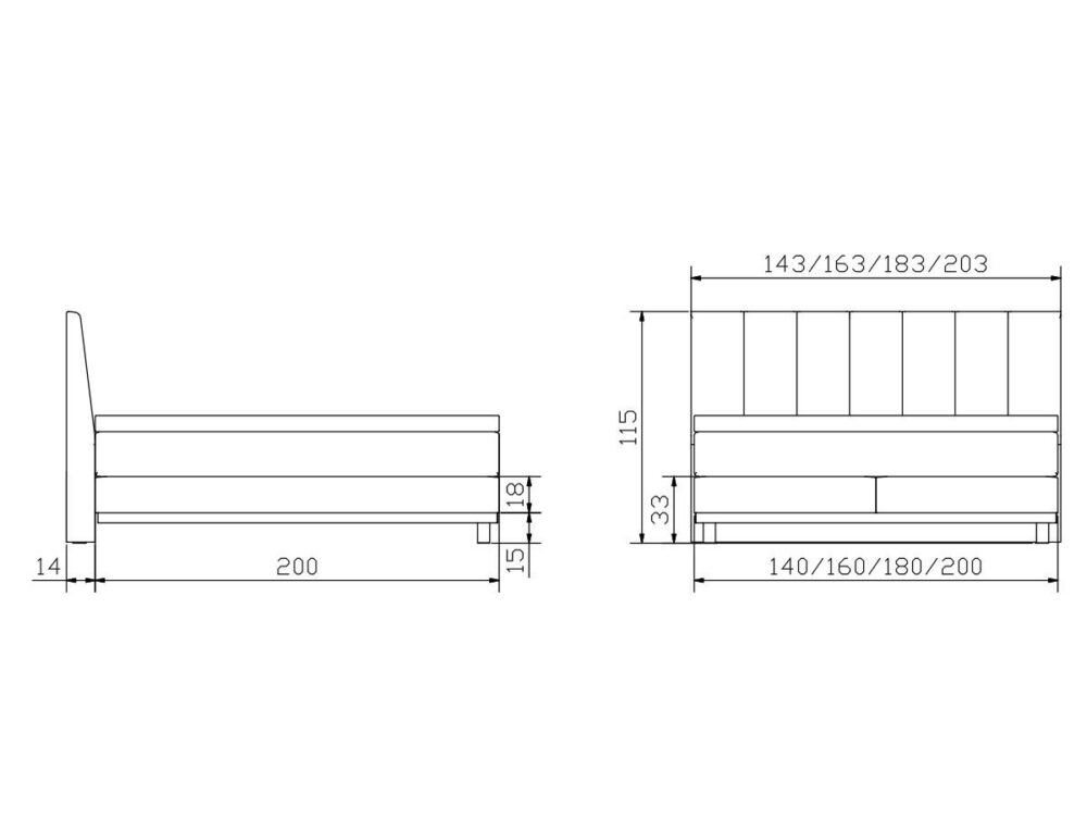 Technische Strichzeichnung eines Bettes in der Seiten- und Vorderansicht mit beschrifteten Maßen für Breite (140-200 cm), Höhe (115 cm) und Länge (200 cm) sowie weiteren detaillierten Abmessungen.