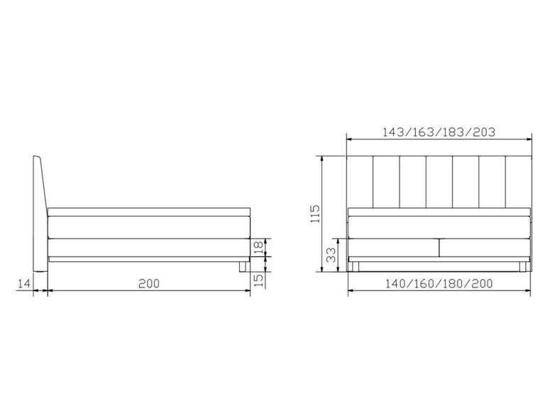 Technische Strichzeichnung eines Bettes in der Seiten- und Vorderansicht mit beschrifteten Maßen für Breite (140-200 cm), Höhe (115 cm) und Länge (200 cm) sowie weiteren detaillierten Abmessungen.