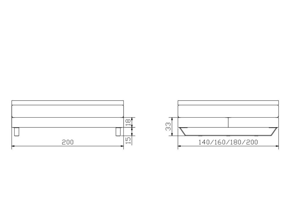 Technische Zeichnung eines Bettrahmens mit Vorder- und Seitenansicht und den Maßen: Breite wahlweise 140/160/180/200 cm, Länge 200 cm, Höhe 33 cm und Freiraum unter dem Rahmen von 15 cm.