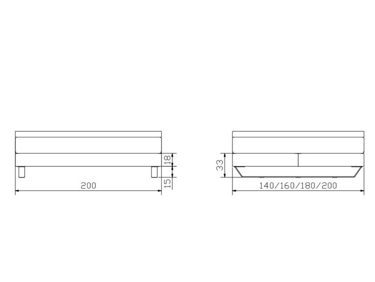 Technische Zeichnung eines Bettrahmens mit Vorder- und Seitenansicht und den Maßen: Breite wahlweise 140/160/180/200 cm, Länge 200 cm, Höhe 33 cm und Freiraum unter dem Rahmen von 15 cm.