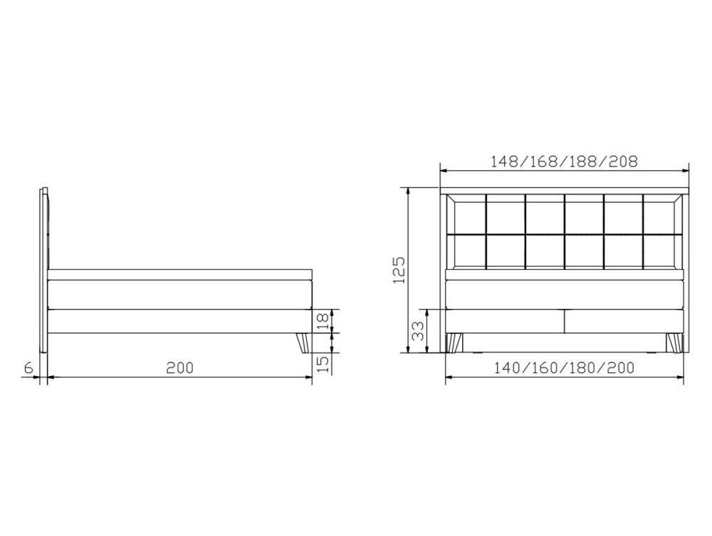 Technische Zeichnung eines Bettes mit Vorder- und Seitenansicht, mit Angaben in Zentimetern für Höhe, Breite und Länge; die Breite reicht von 148 bis 208 cm, die Länge beträgt 200 cm und die Höhe des Kopfteils ist 125 cm.