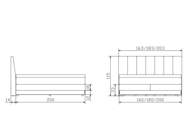 Technische Zeichnung eines Bettes mit Seiten- und Vorderansicht, mit Angabe der Maße in Zentimetern. Das Bett ist 200 cm lang und wahlweise 163, 183 oder 203 cm breit; die Höhe vom Boden bis zum Kopfteil beträgt 115 cm.