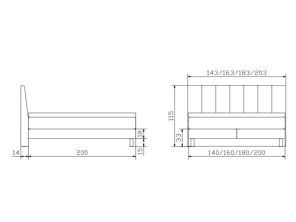 Technische Zeichnung eines Bettes in der Seiten- und Vorderansicht mit detaillierten Maßangaben in Zentimetern für Länge, Höhe, Breite und Kopfteil. Die Hauptmaße sind auf beiden Ansichten beschriftet.