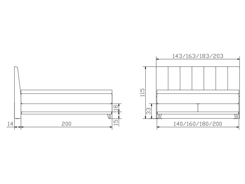 Technische Zeichnung eines Bettes mit Seiten- und Vorderansicht und Abmessungen. Das Bett hat eine Länge von 200 cm, eine Breite von 143/163/183/203 cm und eine Höhe von 115 cm (Kopfteil), 33 cm (Sockel) und 14 cm (Beine).