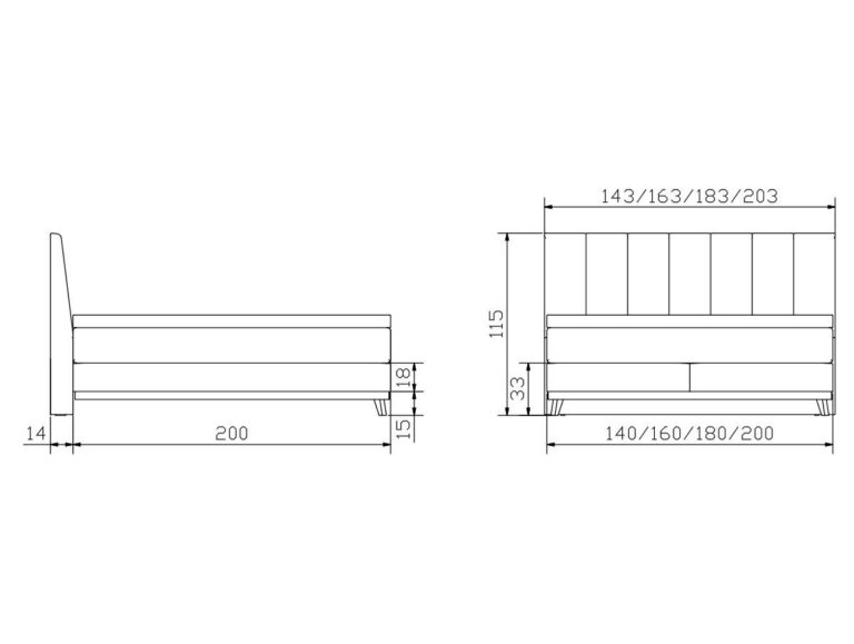 Technische Zeichnung eines Bettes mit Seiten- und Vorderansicht und Abmessungen. Das Bett hat eine Länge von 200 cm, eine Breite von 143/163/183/203 cm und eine Höhe von 115 cm (Kopfteil), 33 cm (Sockel) und 14 cm (Beine).