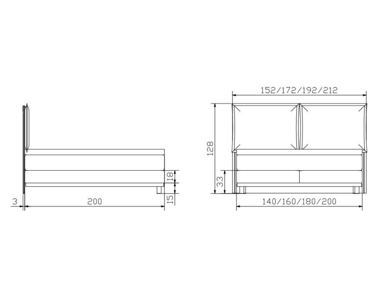 Technische Zeichnung eines Bettes mit Seiten- und Vorderansicht, mit detaillierten Maßen in Zentimetern: Breitenoptionen von 152-212 cm, Länge 200 cm, Höhe 128 cm, und andere kleine Maße angegeben.