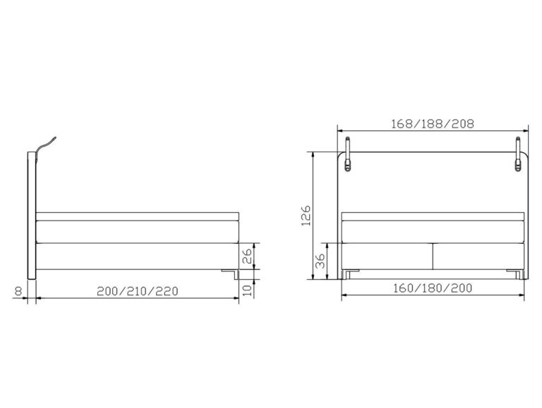 Technische Zeichnung eines Bettes mit Seiten- und Vorderansicht, mit Angabe der Maße in Zentimetern. Die Breitenoptionen sind 160/180/200/210/220 cm und die Höhe ist 126 cm; andere Maße sind ebenfalls beschriftet.