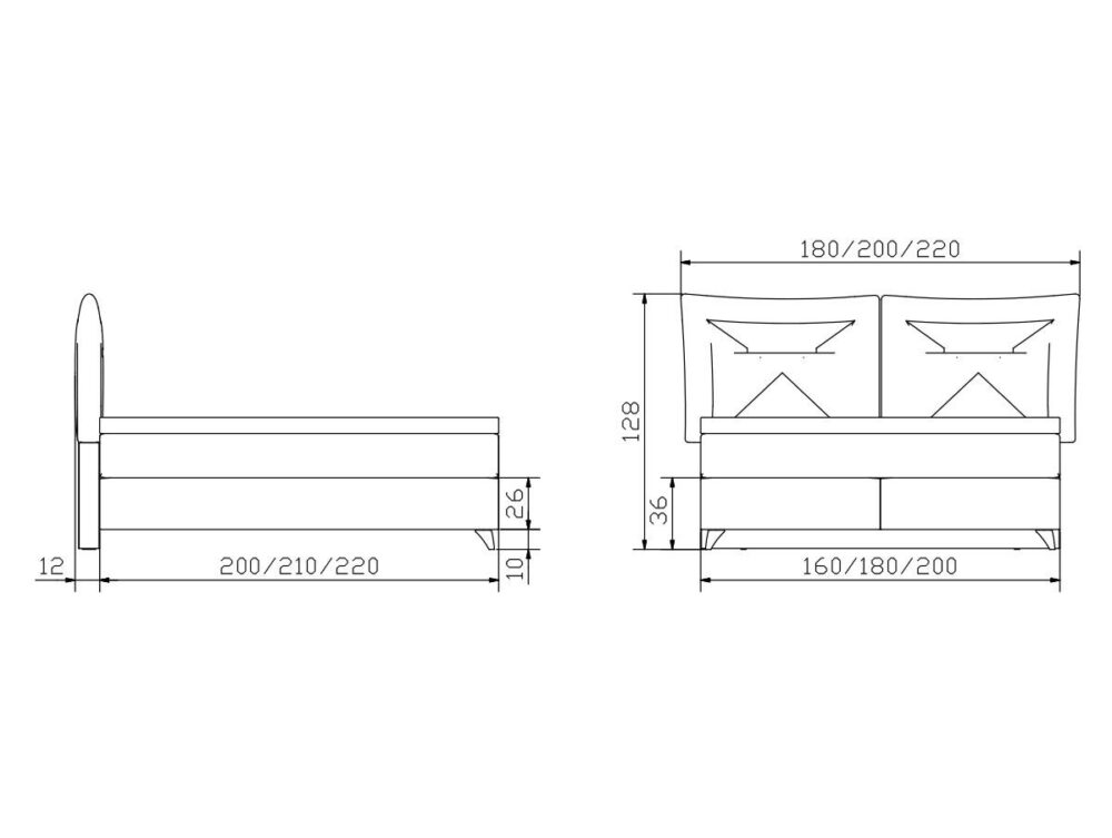 Strichzeichnung eines Bettes in der Seiten- und Vorderansicht mit beschrifteten Maßen: Breite wahlweise 180, 200 oder 220 cm und Länge wahlweise 200, 210 oder 220 cm. Die wichtigsten Höhen und Merkmale sind ebenfalls angegeben.