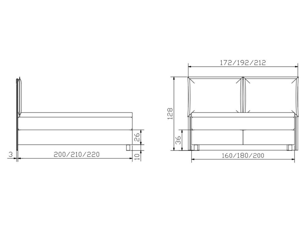 Technische Zeichnung eines Bettes von der Seite und von vorne gesehen, mit beschrifteten Maßen: Breite 200/210/220 cm, Höhe 128 cm, Tiefe 172/192/212 cm, und andere kleinere Maße angegeben.