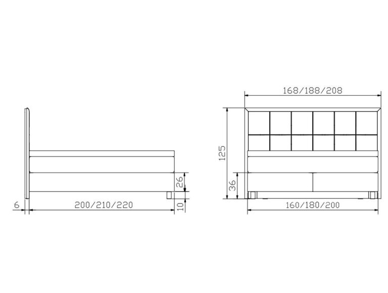 Technische Zeichnung eines Bettes mit Seiten- und Vorderansicht, mit Angaben in Zentimetern für Höhe, Breite und Länge. Breiten: 168/188/208 cm, Längen: 200/210/220 cm und Höhen: 6, 10, 26, 36 und 125 cm.