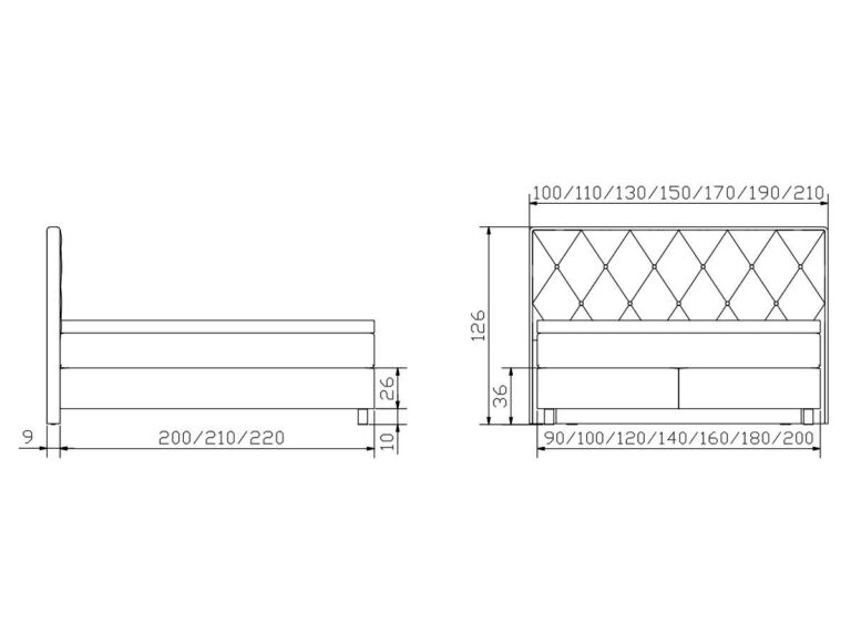 Technische Zeichnung eines Bettes mit Seiten- und Vorderansicht, mit Maßen für Breite (90-210 cm), Länge (200-220 cm) und Höhe (126 cm Kopfteil, 36 cm Sockel), mit einem gesteppten Kopfteil.