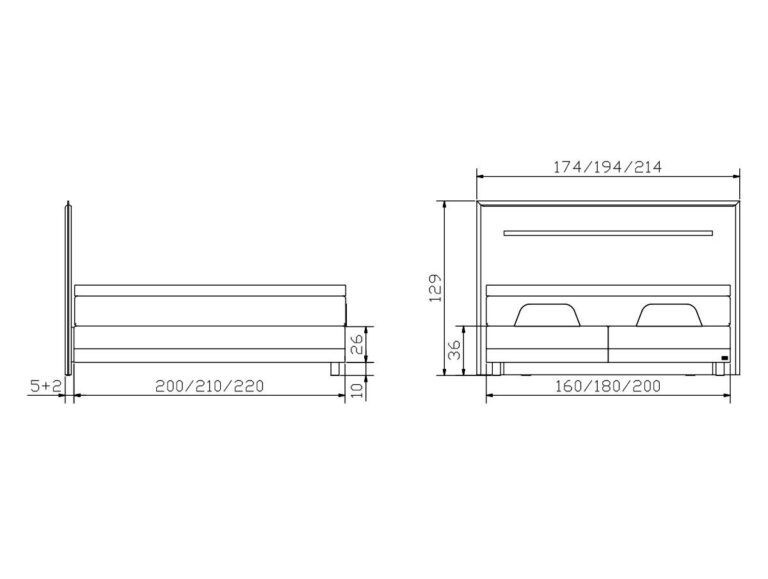 Technische Zeichnung eines Bettes mit Seiten- und Vorderansicht, einschließlich beschrifteter Maße: Höhe 129 cm, Länge wahlweise 200/210/220 cm, Breite wahlweise 174/194/214 cm und Tiefe 160/180/200 cm.