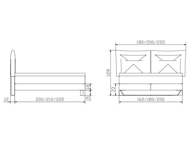 Technische Strichzeichnung eines Bettes mit Abmessungen. Die Seitenansicht zeigt die Höhe und Länge des Bettes (200/210/220 cm), die Vorderansicht die Breitenoptionen (180/200/220 cm) und die Matratzenbreite (160/180/200 cm).