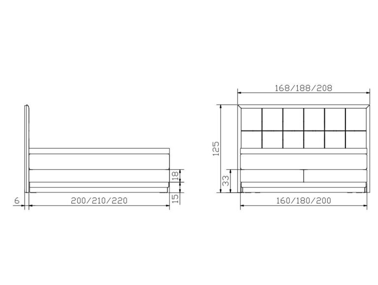 Technische Zeichnung des Hasena Boxspringbettes Modern "Gavin Leona" mit Vorder- und Seitenansicht, mit den Maßen (cm): Länge 200/210/220, Breite 160/180/200, Höhen 6, 15, 33, 125 und 168/188/208.