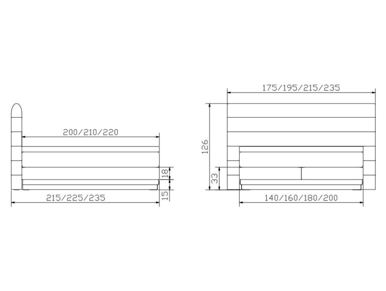 Technische Strichzeichnung eines Bettes mit Vorder- und Seitenansicht, die verschiedene Breiten- und Längenmaße in Zentimetern zeigt. Die wichtigsten Maße sind beschriftet: Breite 215/225/235, Länge 200/210/220, Höhe 126 und andere.