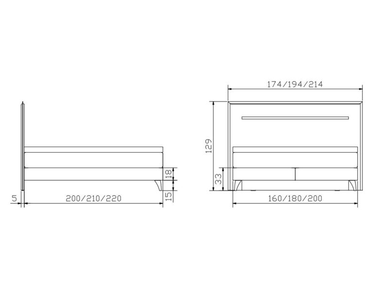Technische Zeichnung eines Bettrahmens mit Seiten- und Vorderansicht, mit Angabe der Maße in Zentimetern. Die Breitenoptionen sind 160/180/200 cm, die Längenoptionen 200/210/220 cm und die Höhe des Kopfteils ist 129 cm.