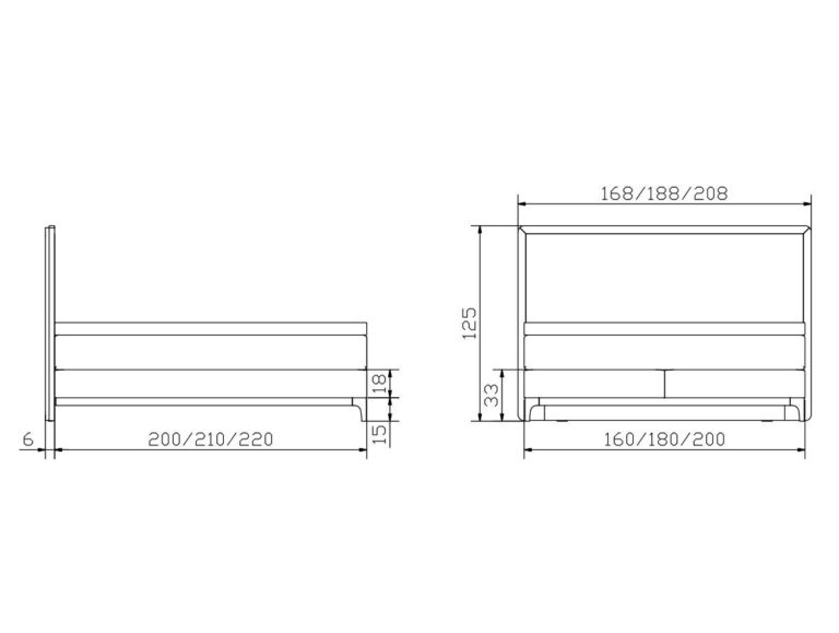 Technische Zeichnung eines Bettgestells, dargestellt von der Seite und von vorne. Die Abmessungen sind in Zentimetern angegeben: Länge 200/210/220, Breite 160/180/200, Höhe 125 (Kopfteil), Höhe vom Boden bis zum Sockel 33 und Matratzentiefe 18.