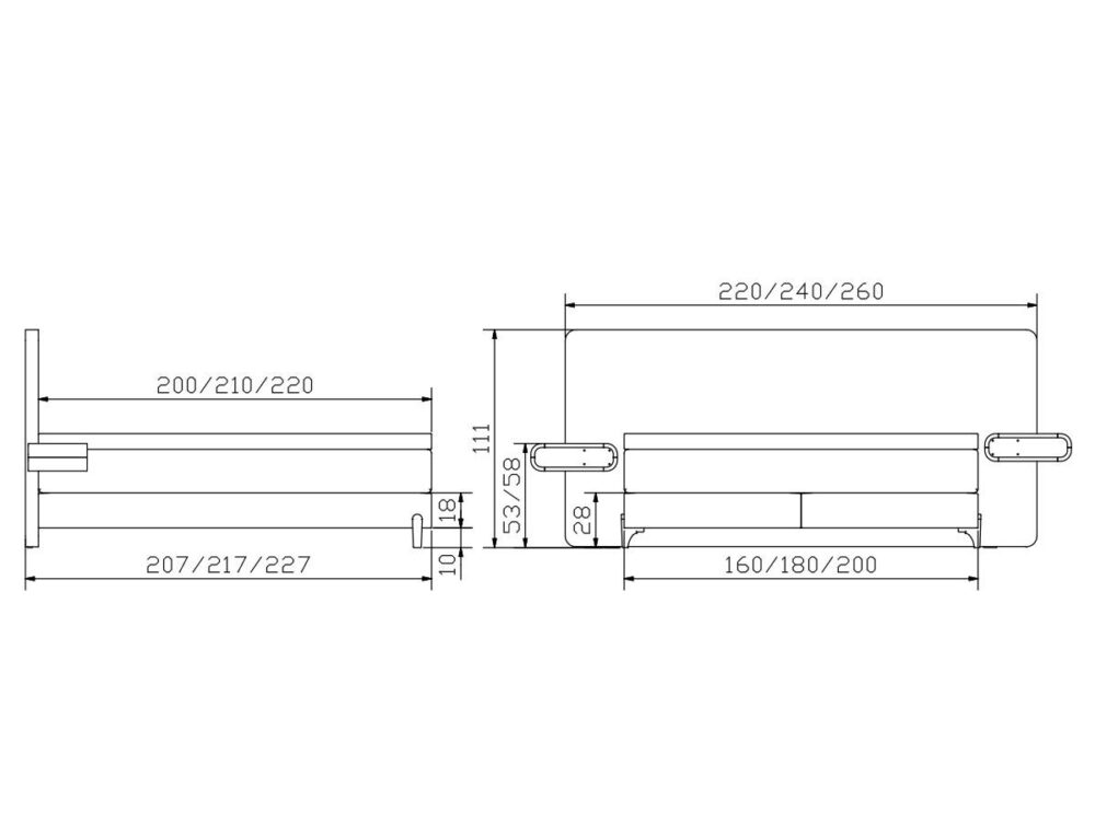Technische Zeichnung des Hasena Boxspringbettes Modern "Liam Clara": rechteckig mit Abmessungen in mm-Breiten 200/210/220 oder 220/240/260, Höhen 53/58 oder 111, Tiefen 207/217/227 oder 160/180/200.