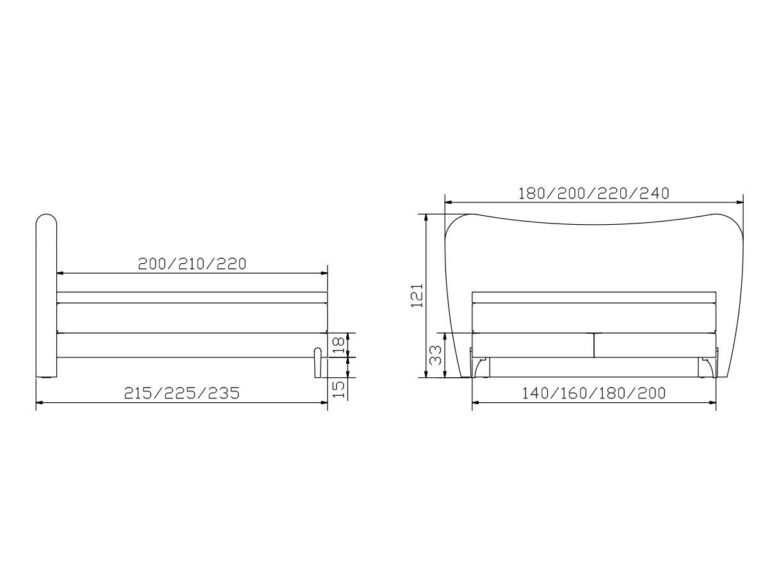 Technische Zeichnung eines Bettes mit Vorder- und Seitenansicht. Die Maße sind angegeben: Breite 140/160/180/200 cm, Länge 200/210/220 cm, Höhe 121 cm und Gesamtlänge 215/225/235 cm.