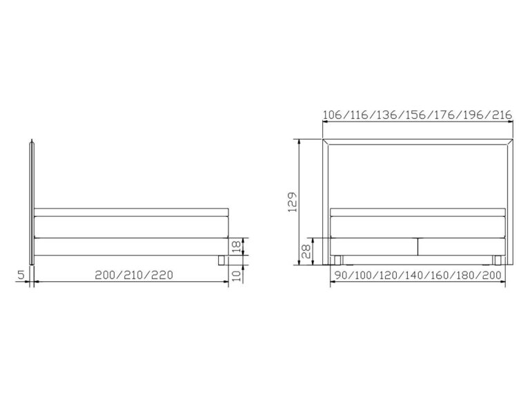 Strichzeichnung eines Bettes mit Seiten- und Vorderansicht, beschriftete Maße: Höhe 129 cm, Breitenoptionen 90-200 cm und Tiefenoptionen 200-220 cm. Matratzenfuß und Kopfteil sind markiert.