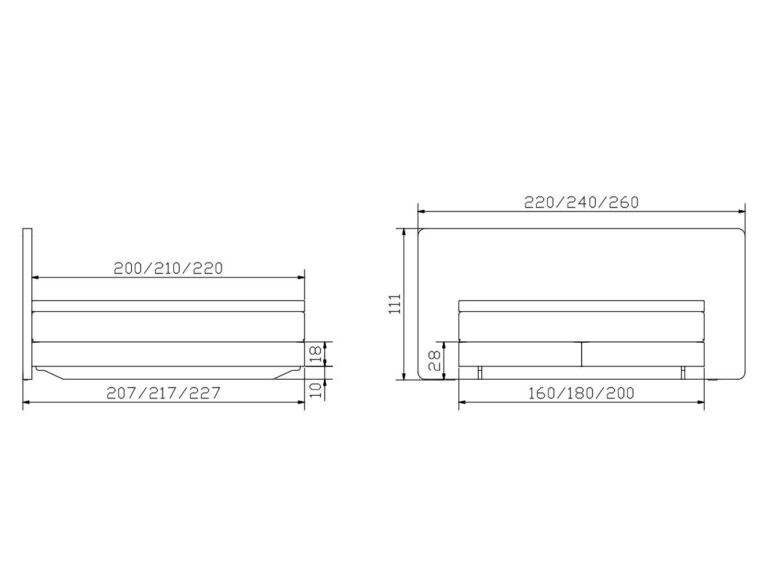 Technische Zeichnung eines Bettes oder Sofas mit Seiten- und Vorderansicht, mit folgenden Abmessungen: Breite 200/210/220 und 220/240/260; Tiefe 207/217/227 und 160/180/200; Höhe 111 und 50 Einheiten.