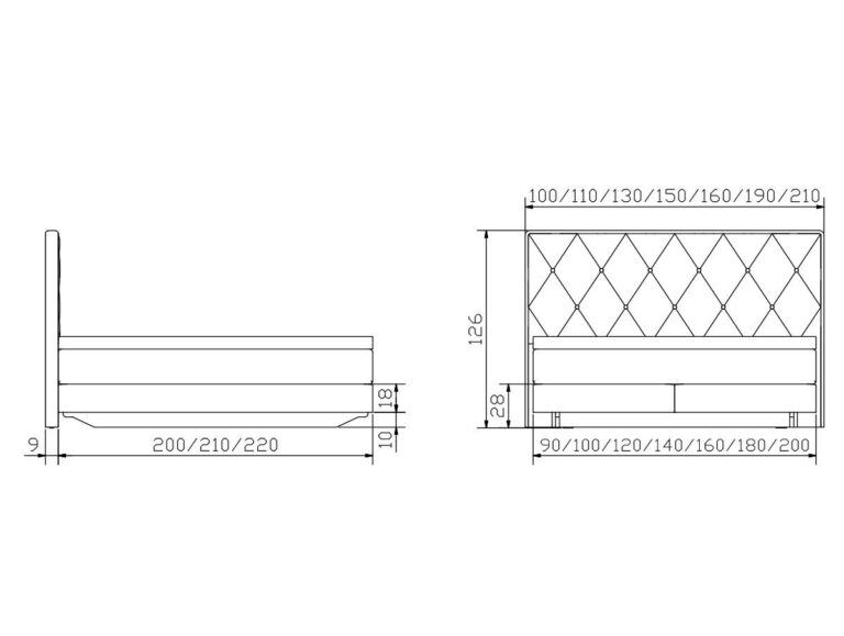 Technische Zeichnung eines Bettes mit gepolstertem Kopfteil, dargestellt in Seiten- und Vorderansicht mit detaillierten Abmessungen in Zentimetern, einschließlich Breitenoptionen von 90 bis 220 cm und Kopfteilhöhe von 126 cm.