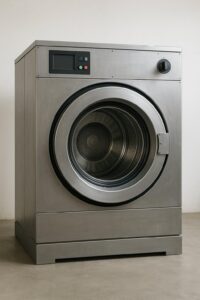 Eine große, industrielle Waschmaschine aus Edelstahl, die für eine effiziente Reinigung konzipiert wurde, steht auf einem glatten, hellen Boden vor einer schlichten weißen Wand. Sie verfügt über eine Glastür und ein digitales Bedienfeld.