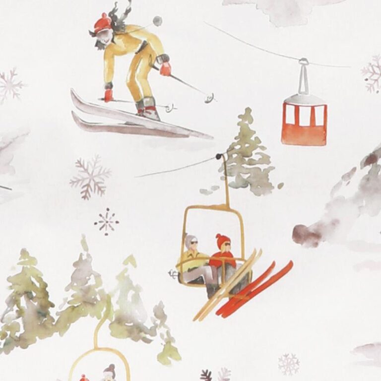 Aquarellillustration eines Skifahrers in einem gelben Anzug, der in der Luft springt, mit zwei Personen, die auf einem Skilift sitzen. Schneeflocken, immergrüne Bäume und eine rote Gondel sind im Hintergrund.