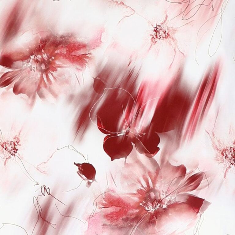 Abstraktes Bild mit roten und rosa Aquarellblumen mit weichen, unscharfen Rändern und zarten Linienakzenten auf weißem Hintergrund. Der Gesamteffekt ist verträumt und künstlerisch.