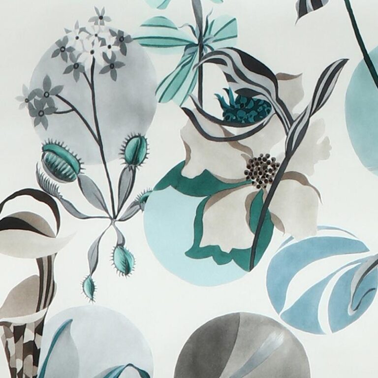 Abstrakte florale Illustration mit großen, sich überlappenden Blüten, Blättern und runden Formen in Teal-, Grau- und Beigetönen vor einem hellen Hintergrund. Das Design hat einen modernen, aquarellartigen Effekt.