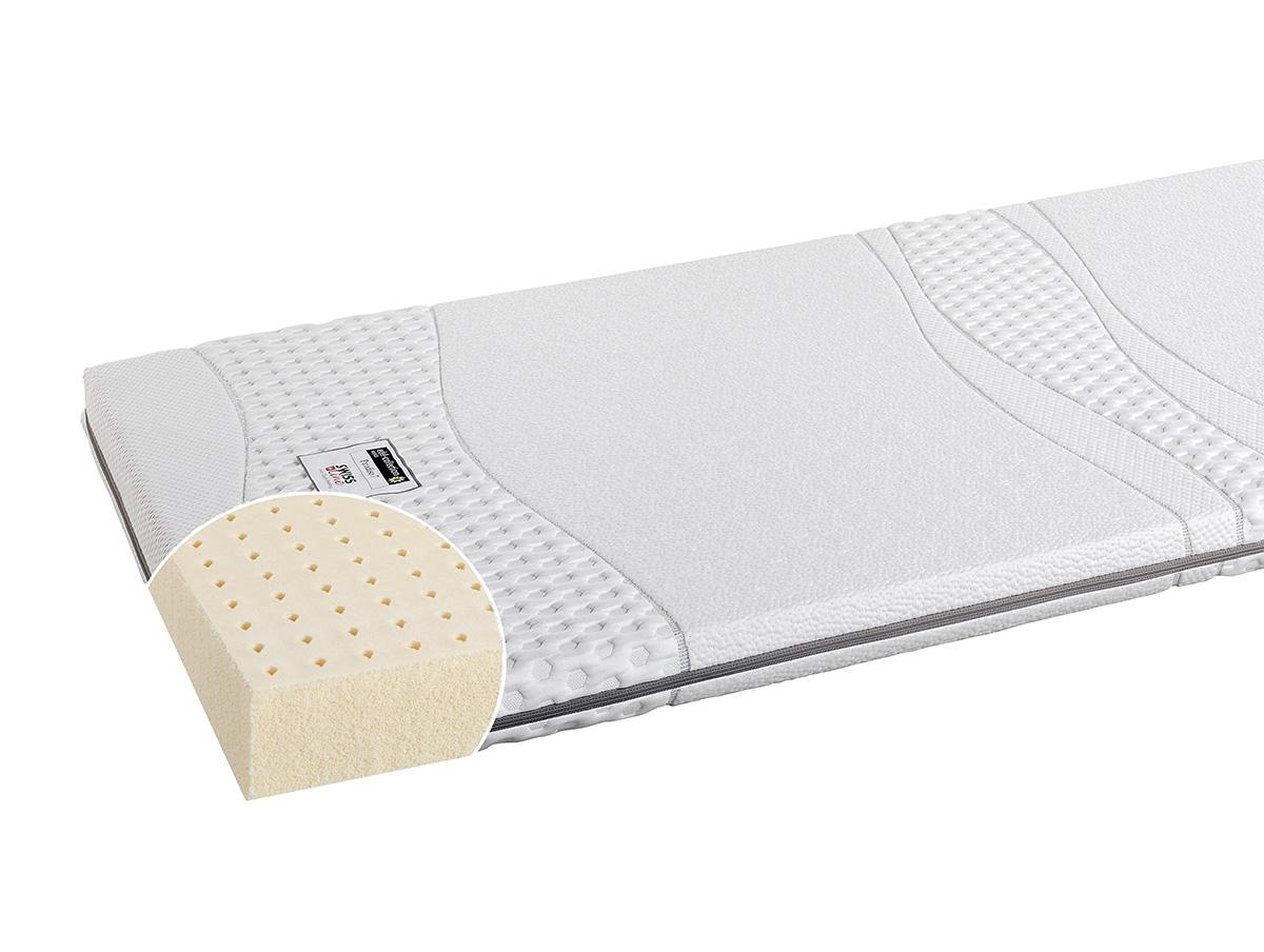 Abgebildet ist eine weiße Matratzenauflage mit strukturierter Oberfläche und einem Ausschnitt, der eine Schicht aus perforiertem Schaumstoff im Inneren zeigt.