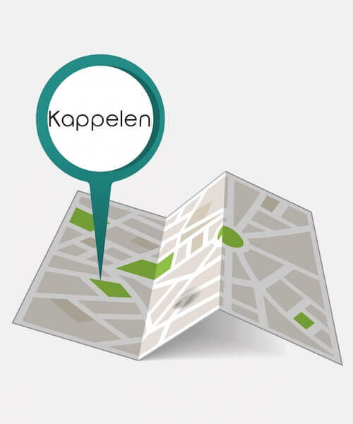 Illustration einer gefalteten Karte mit Straßen und Grünflächen, mit einer Standortnadel mit der Aufschrift Kappelen, die auf einen bestimmten Ort verweist-Bewerten Sie uns und teilen Sie Ihre Erfahrungen an diesem Standort!.